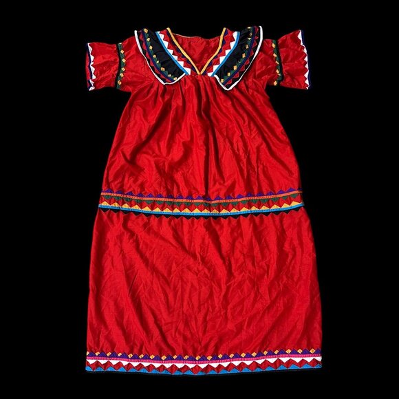 Vintage Seminole Native American Indian Patchwork Red Dress Womens Handmade 70s - Picture 2 of 5